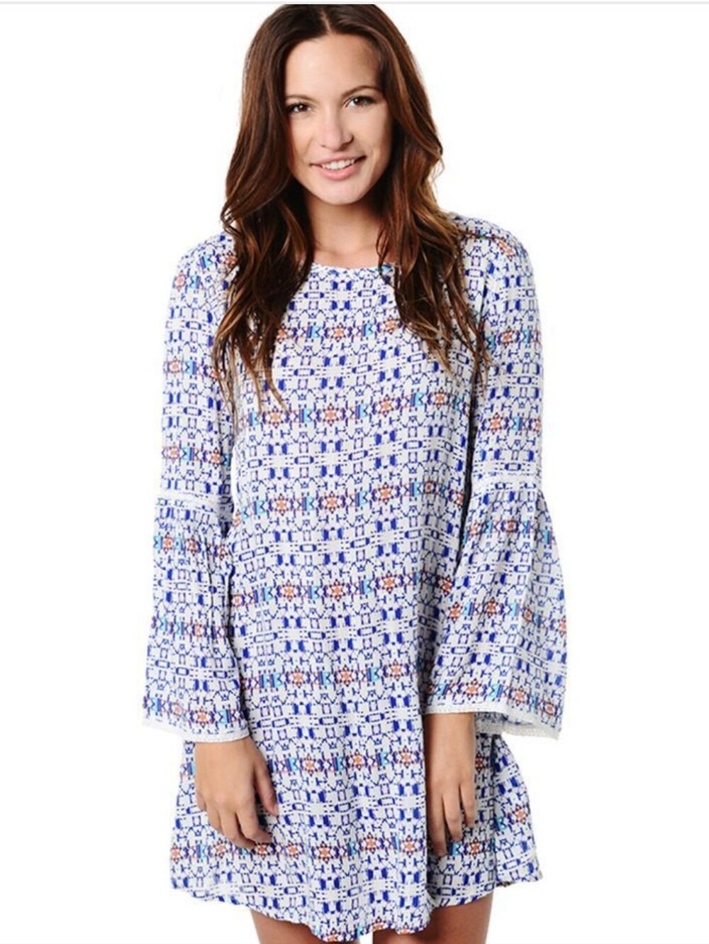 Roxy City Limits Boho Mini Dress, Bell Sleeves. Blue, White, Orange. Medium